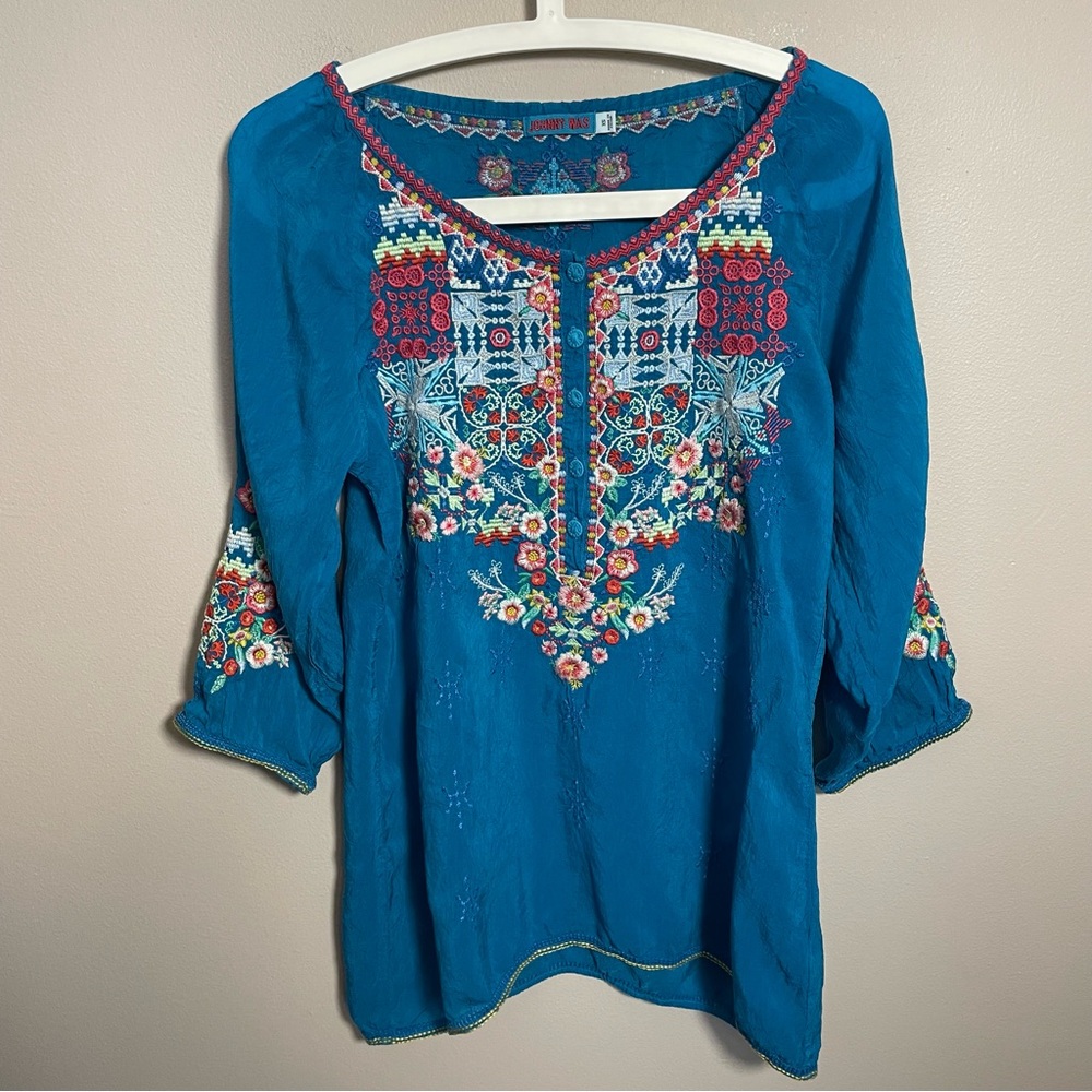 Johnny Was Cupra Rayon Embroidered Boho Blouse 3/4 sleeve Top XS - Picture 2 of 11